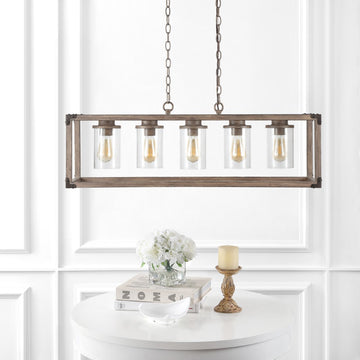 Zeniba  36" Linear Adjustable Iron/Seeded Glass Rustic Farmhouse LED Pendant - JONATHAN Y